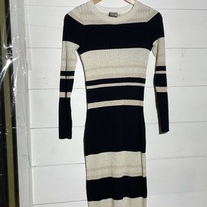 Slinky Sexy Striped Sweater Dress with Long Sleeves and Metallic Gold SMALL